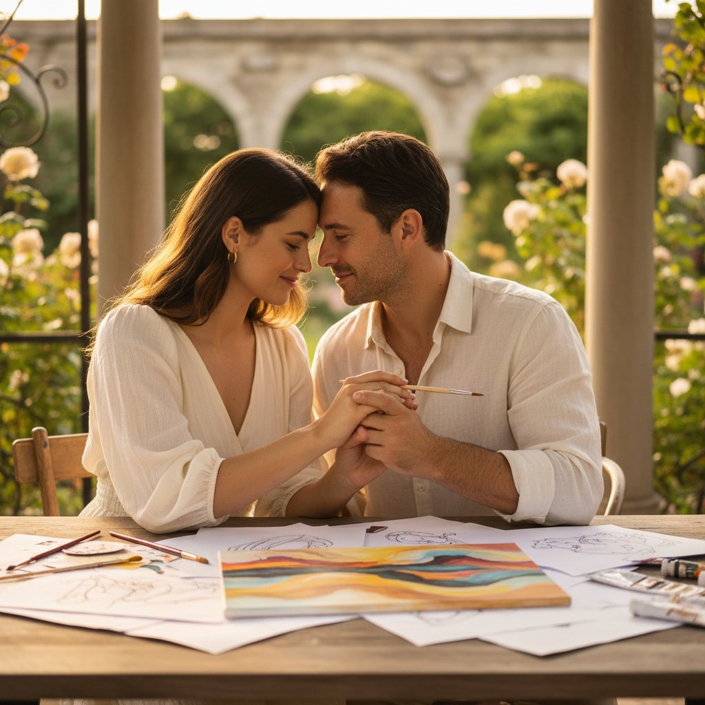 Couple holding hands while working side by side at a kitchen table, demonstrating emotional and physical intimacy