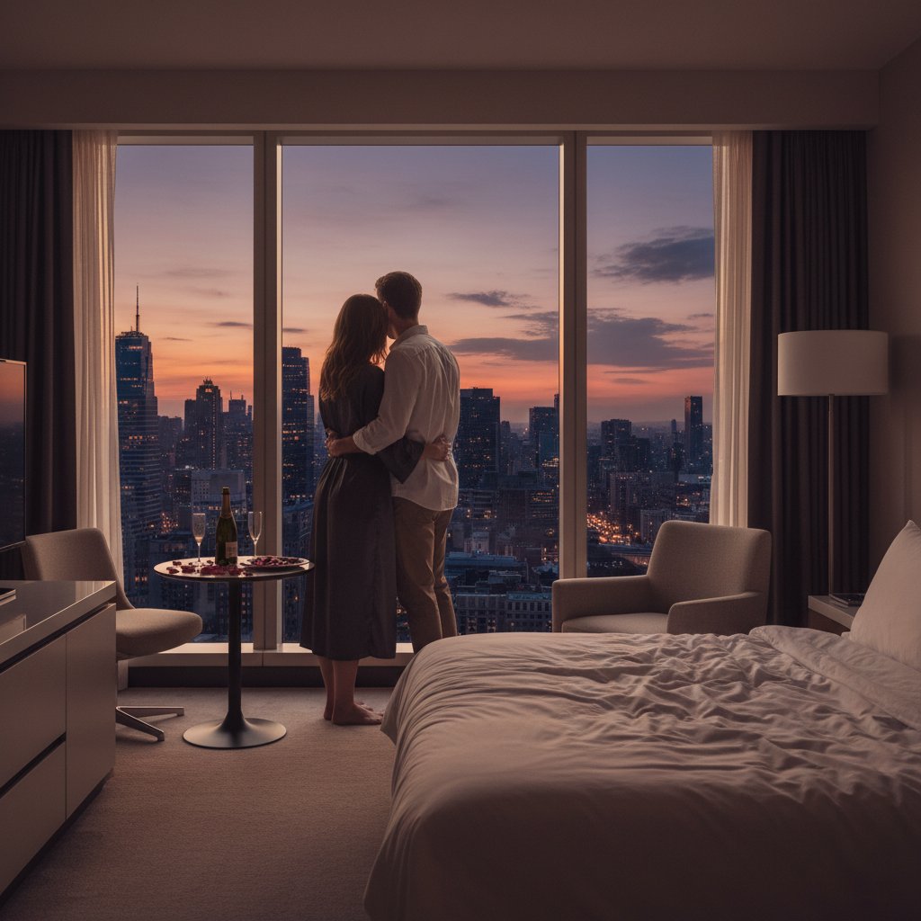 Editorial photo of a couple viewing a city skyline from a hotel room, dusk lighting, central hotels, city background
