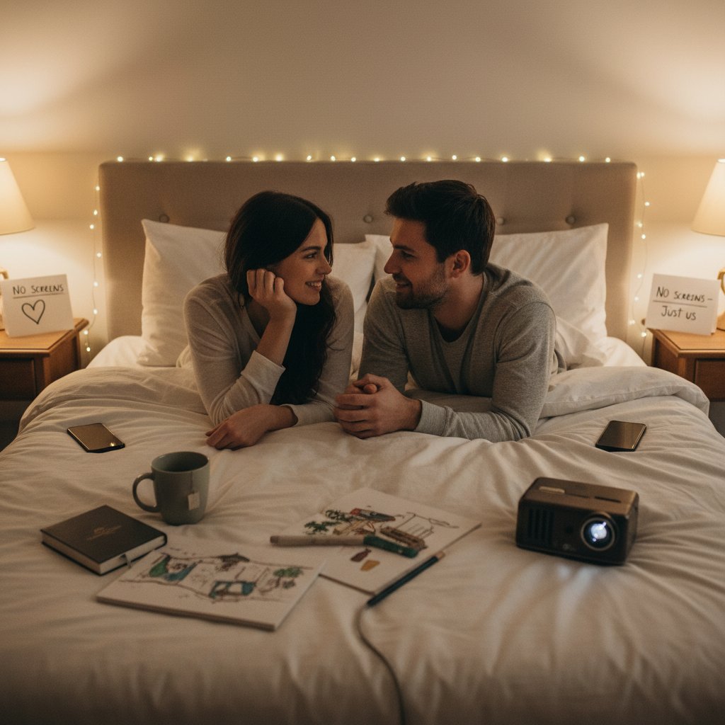 Couple in bed, phones face down, having a real conversation and smiling, illustrating healthy tech boundaries