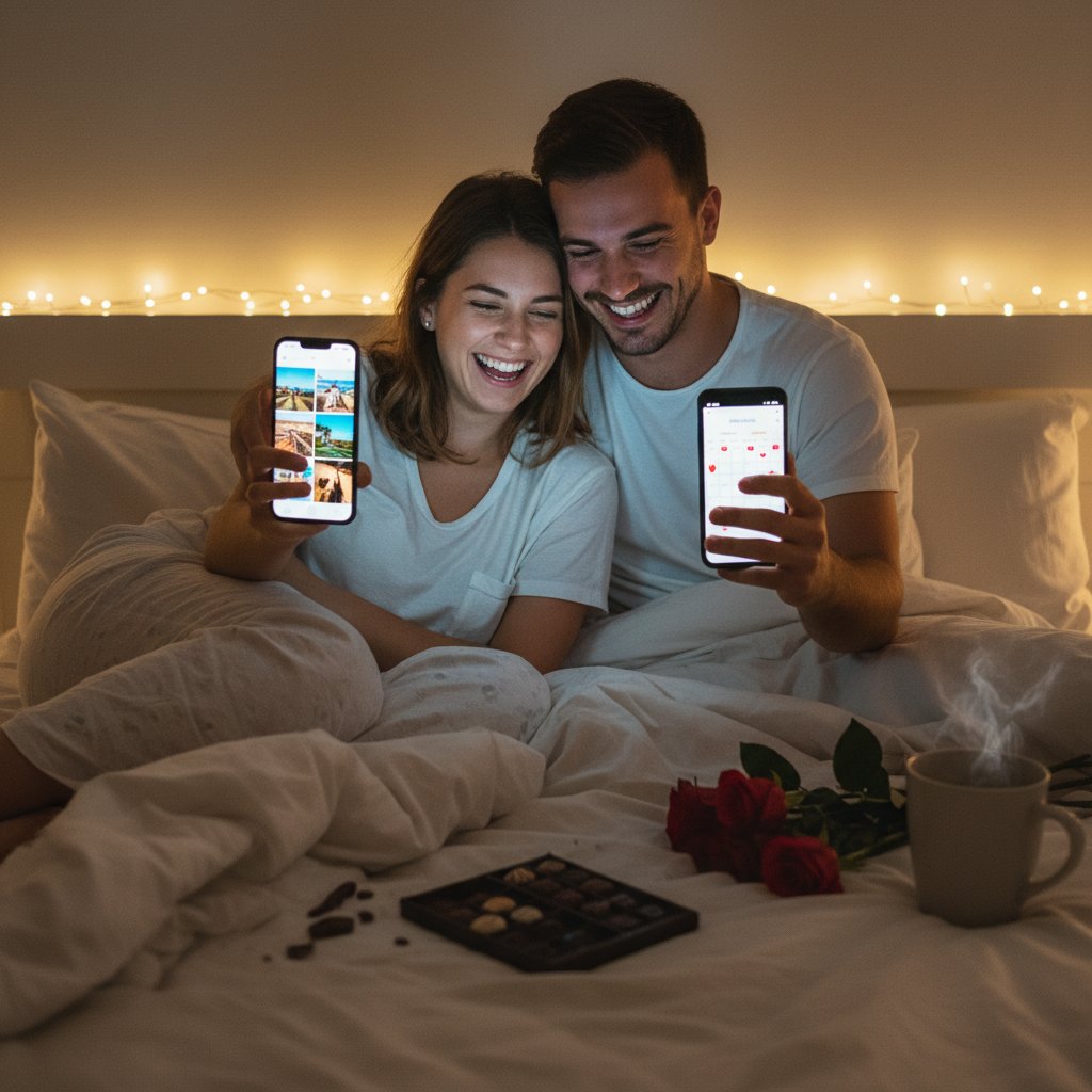 Couple using smartphones in bed, smiling at each other, blending tech and intimacy naturally