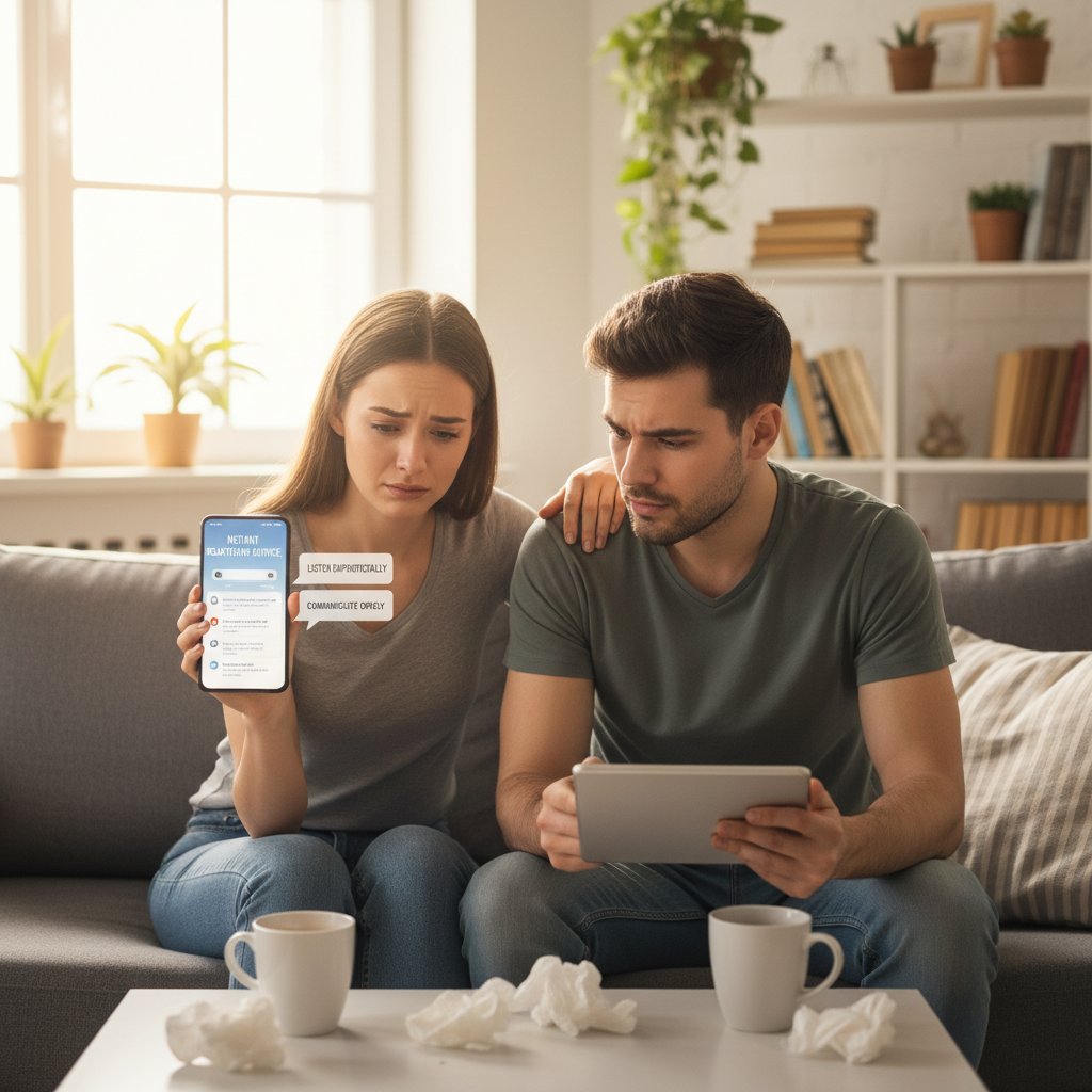 Couple using instant relationship advice online to resolve conflict, split-screen photo, arguing and reconciling via digital chat