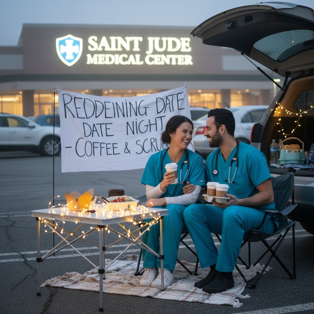 Couple in scrubs sharing coffee in a hospital parking lot, redefining date night for busy professionals