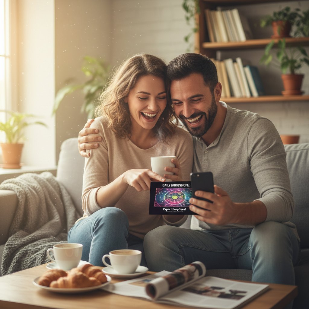Para śmiejąca się podczas wspólnego czytania horoskopu