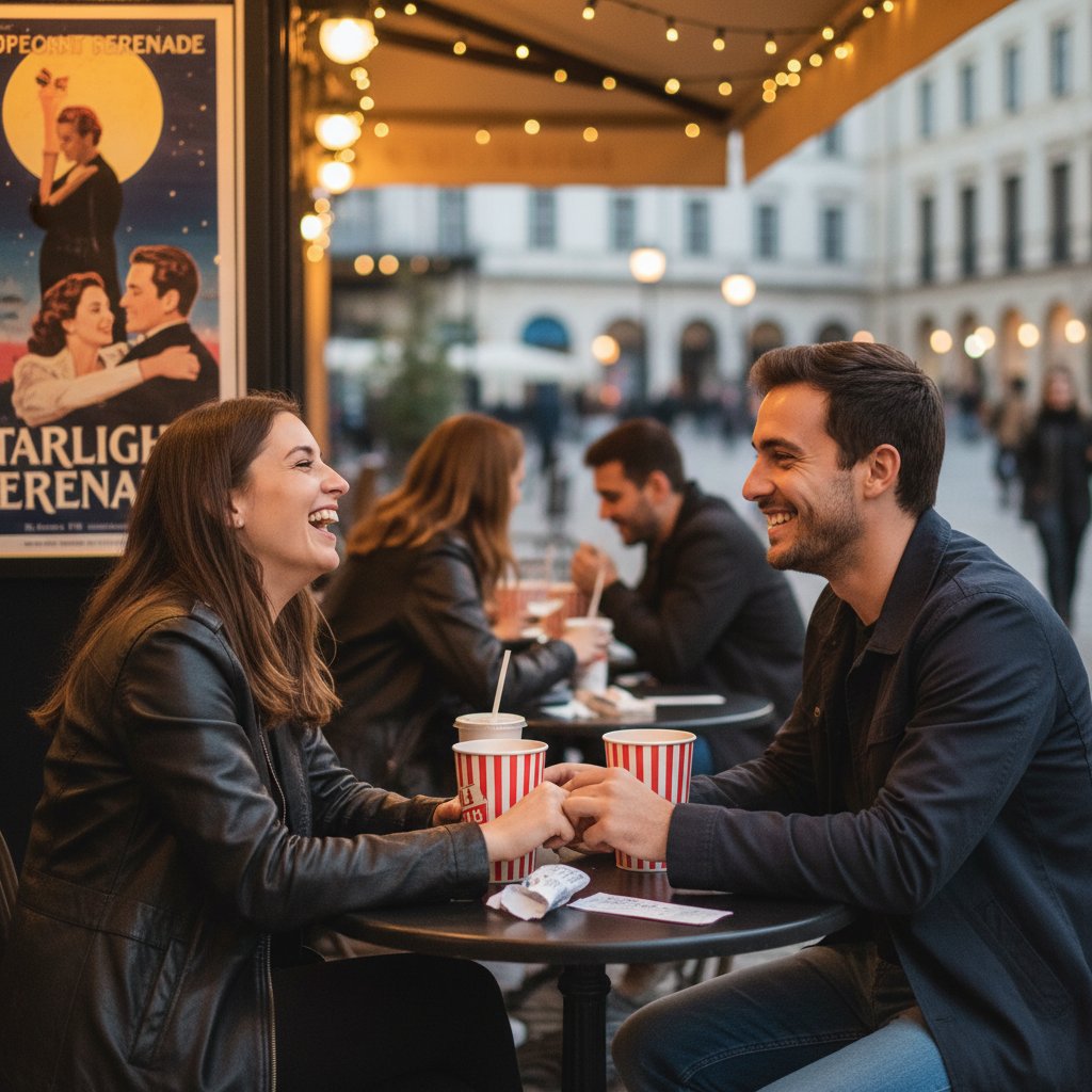 Couple discussing romantic movie after viewing, laughing and learning from film