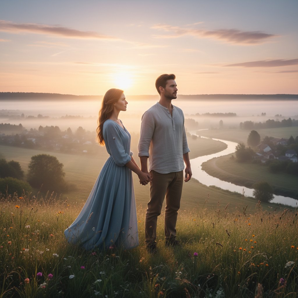 Para patrząca w przyszłość z nową nadzieją po terapii, światło poranka, delikatny uśmiech