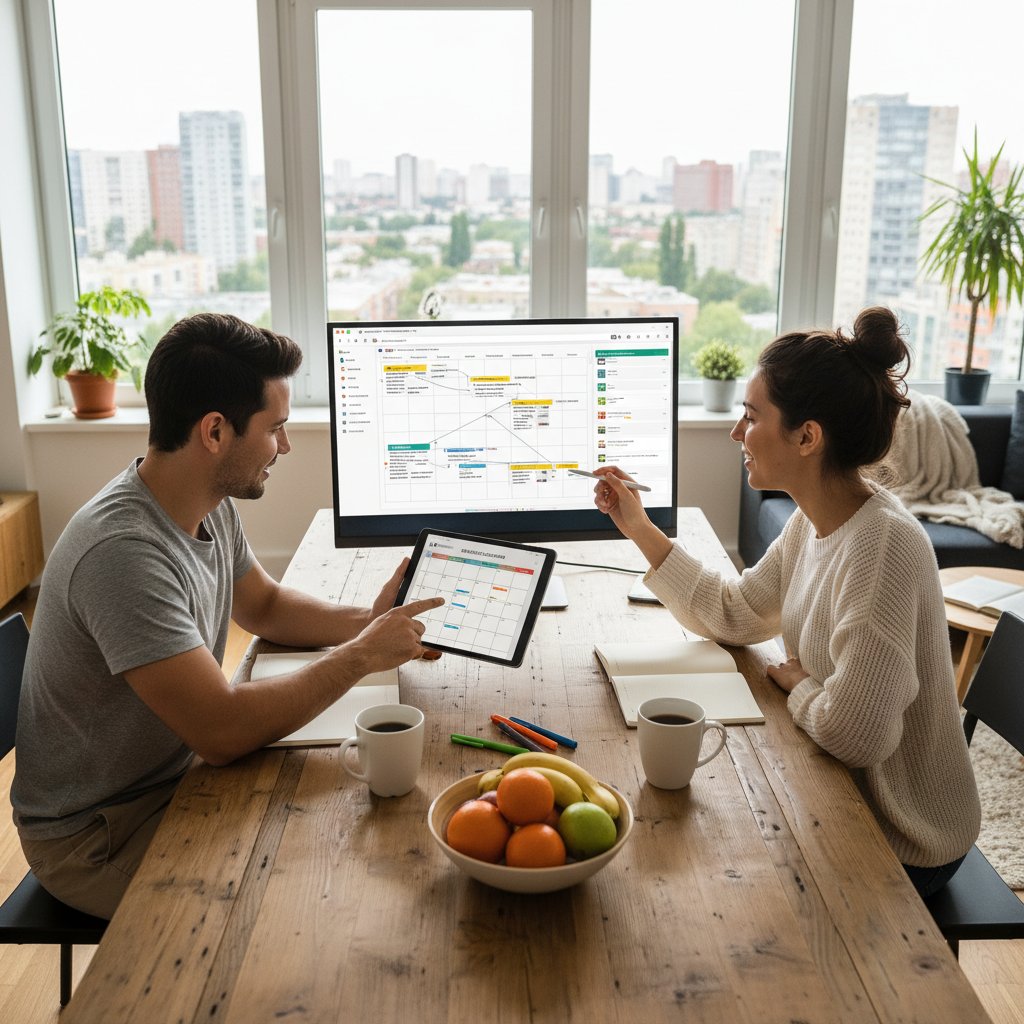 Photo of couple managing schedules together in a modern apartment, representing high-stakes relationship management