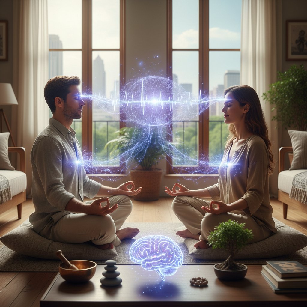 Photo of couple meditating together on living room floor, focusing deeply, representing neuroscience of connection