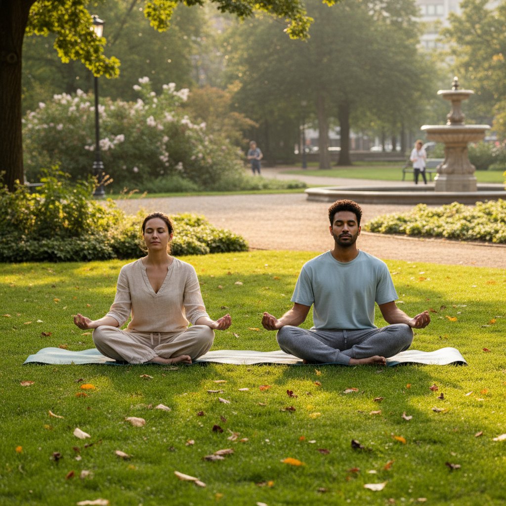 Para ćwicząca mindfulness podczas wspólnej medytacji w parku