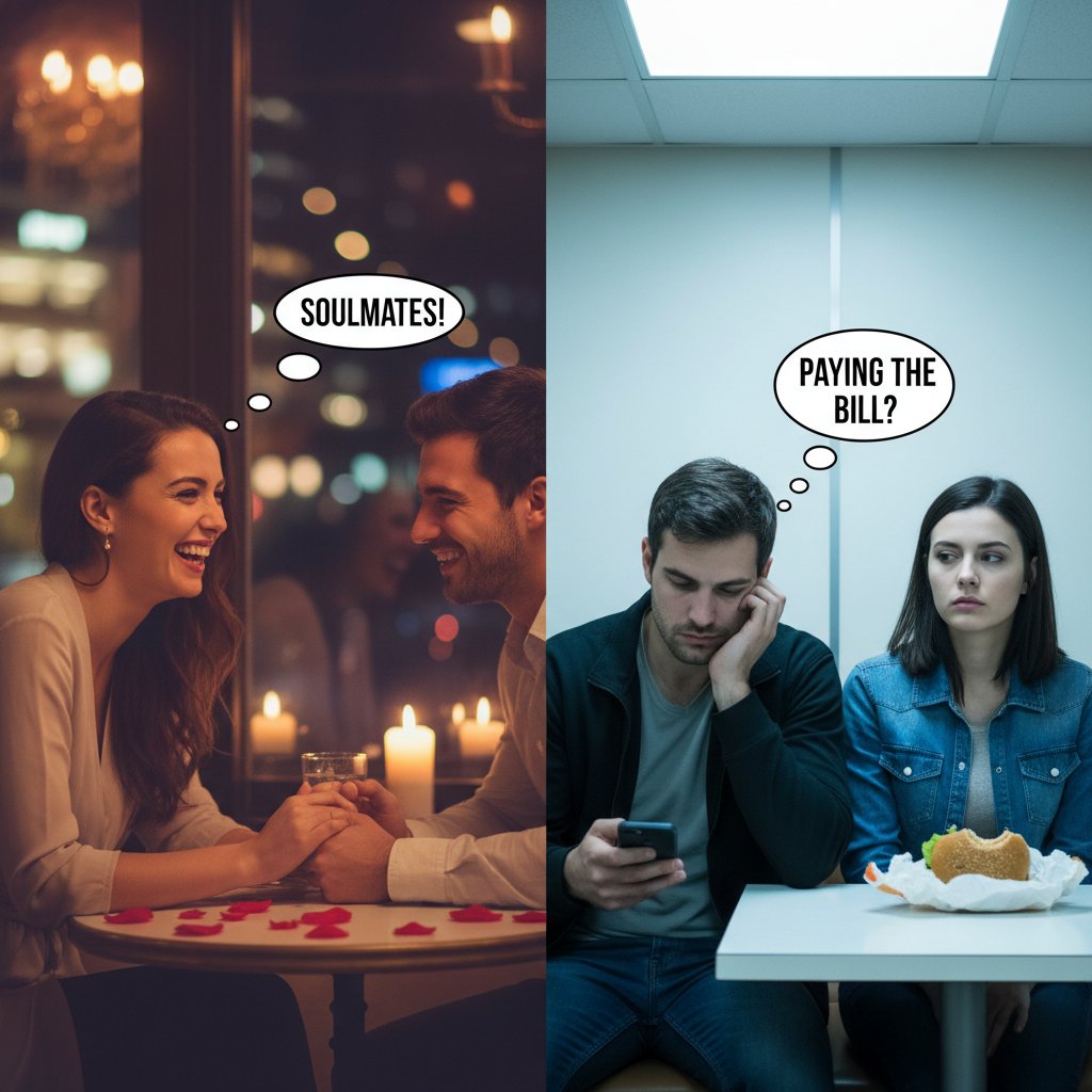 Para w skrajnie różnych nastrojach, scena inspirowana komediami romantycznymi kontra szara rzeczywistość