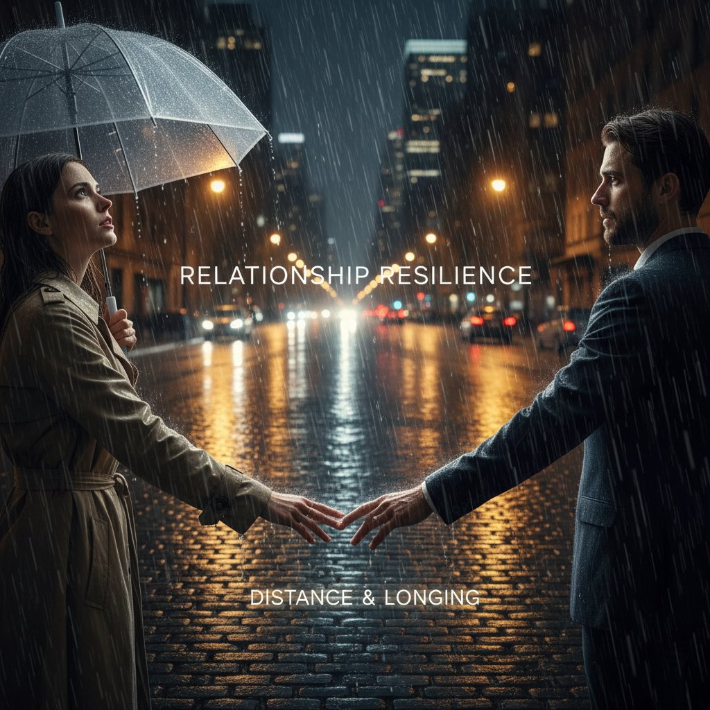 Couple facing away from each other on a rain-soaked city street at night, relationship resilience understanding