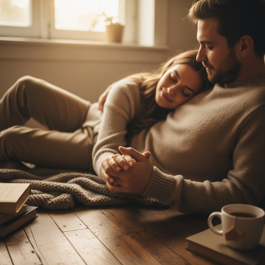 Para siedząca na podłodze, uśmiechnięta, trzymająca się za ręce, z widocznymi elementami intymności