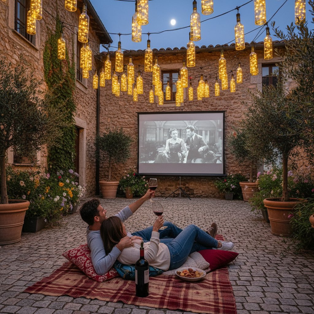 Couple watching an outdoor movie in European courtyard, wine glasses, string lights, cozy blanket
