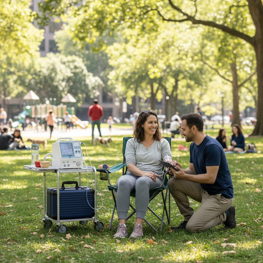 Para spacerująca po parku, kobieta korzystająca z dializy domowej, słowa kluczowe dializa, życie codzienne