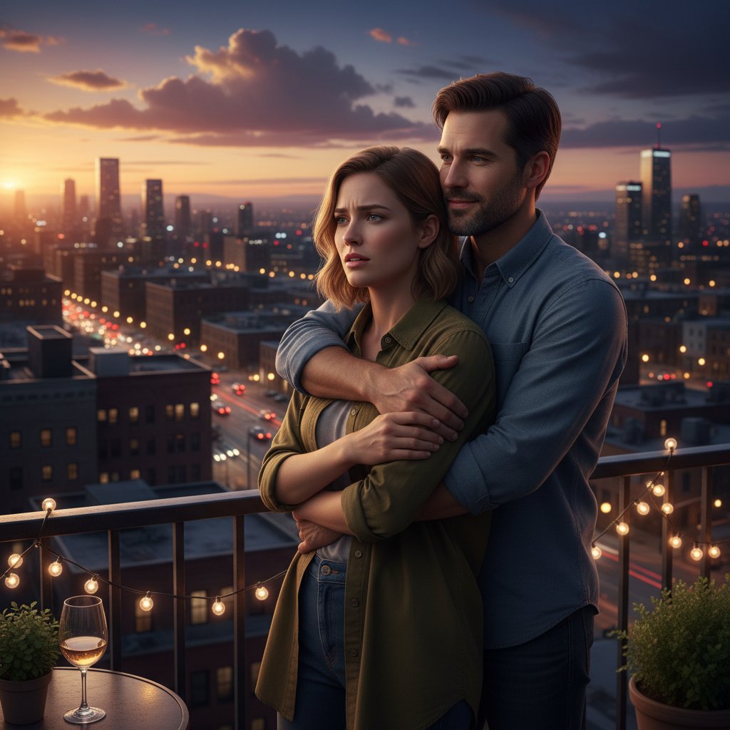 Para po przejściach – napięcie i nadzieja na twarzach, wieczorny pejzaż miasta