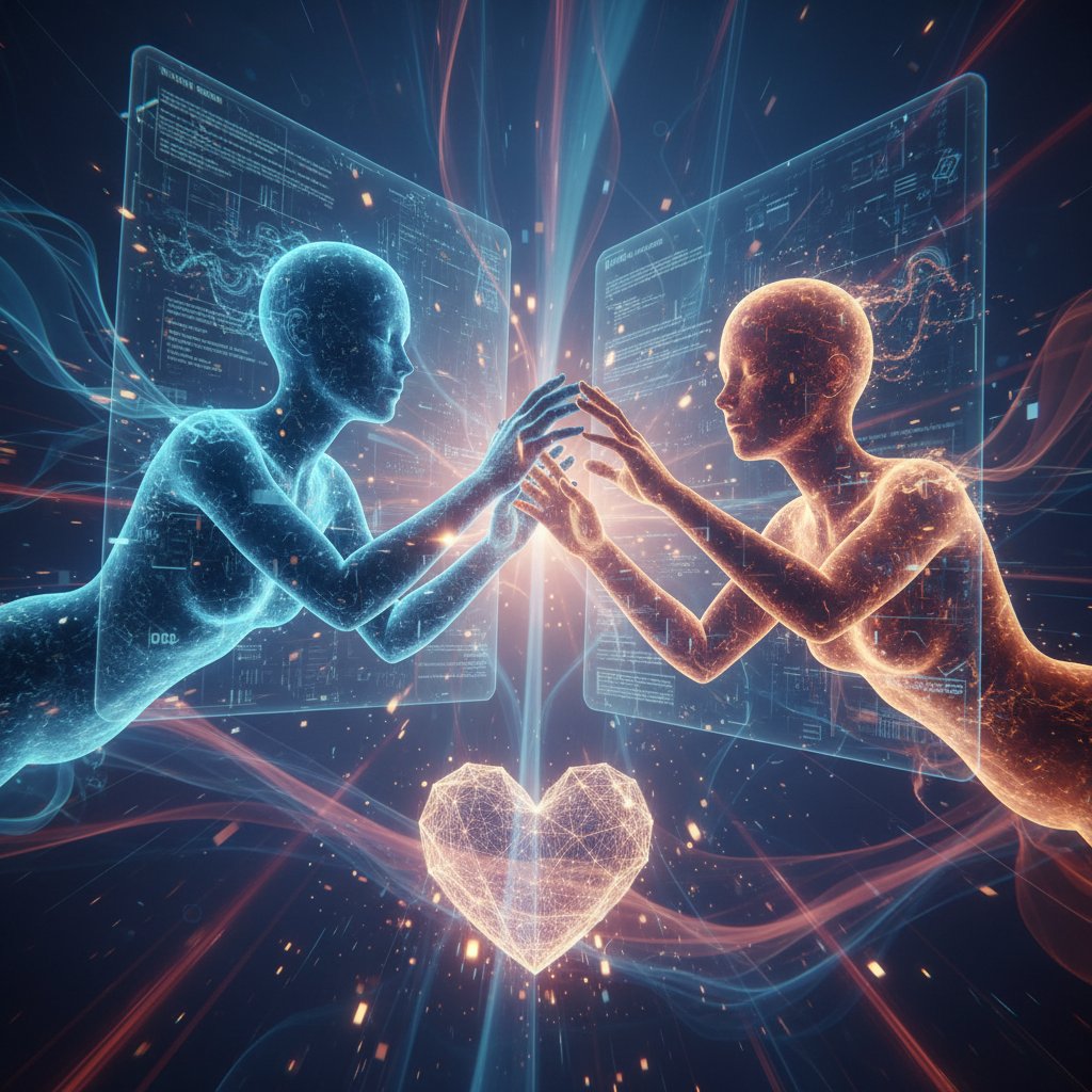 Surreal photo: couple reaching for each other through screens, abstract environment, poignant mood, digital intimacy resilience