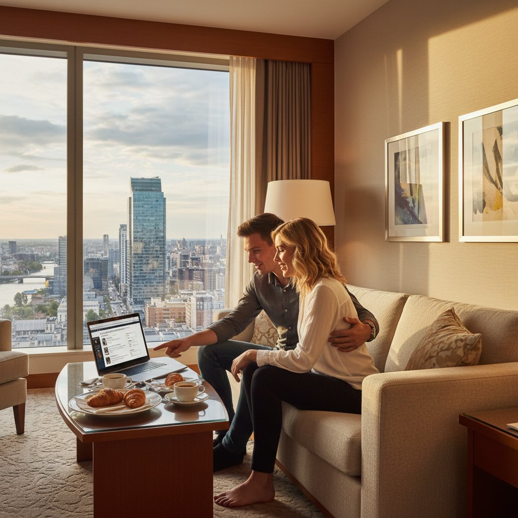 Para czytająca recenzje noclegów na laptopie, notes z zapiskami obok, przy oknie z widokiem na miasto