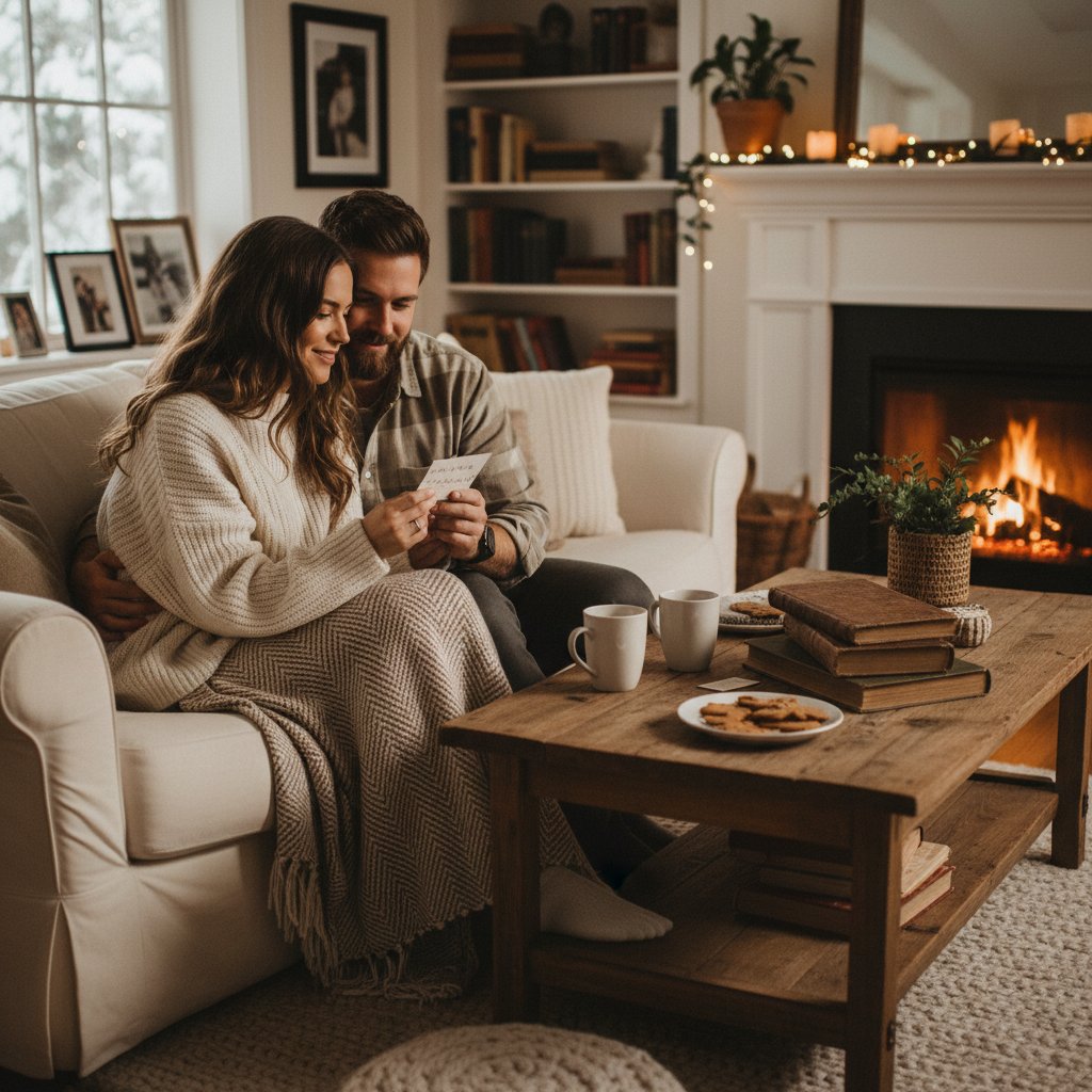 Para czytająca kartkę z dołączoną do prezentu historią, domowa, ciepła atmosfera