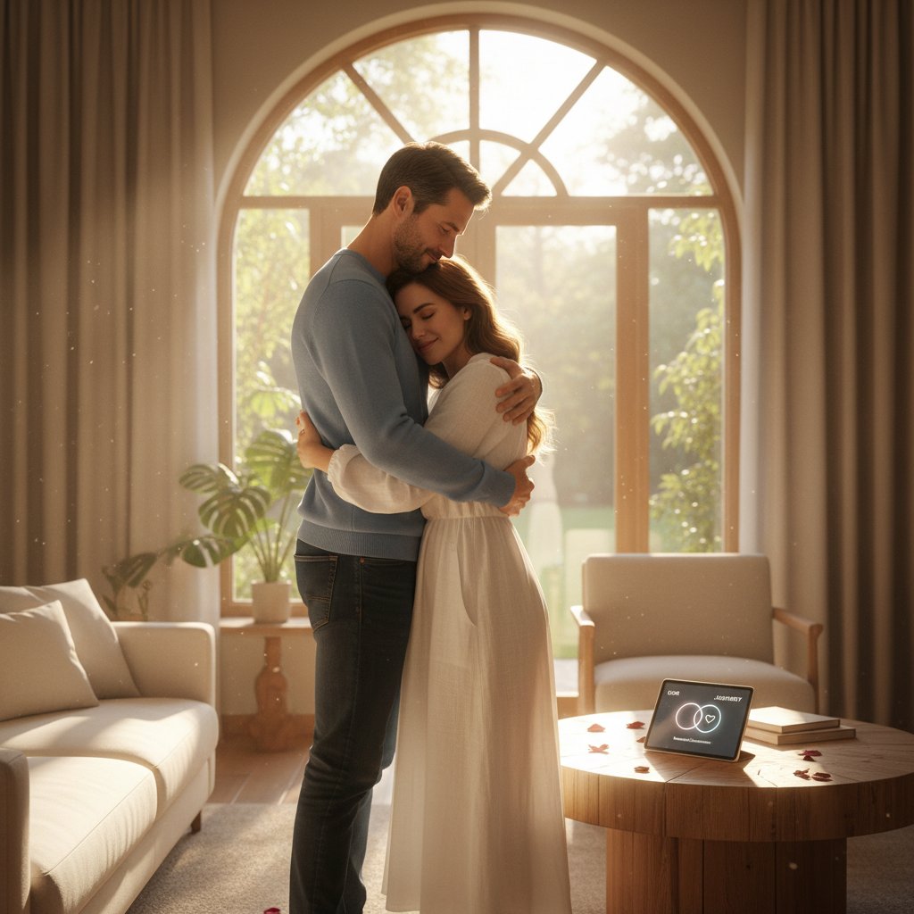 Photo of couple holding hands after reconciliation, sunlight through window, hope on their faces, relationship satisfaction assessment