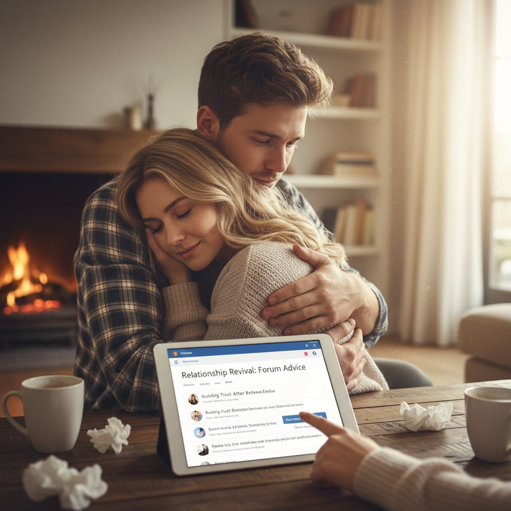 Two people reconciling after argument, emotional scene, rebuilding trust, relationship forum advice