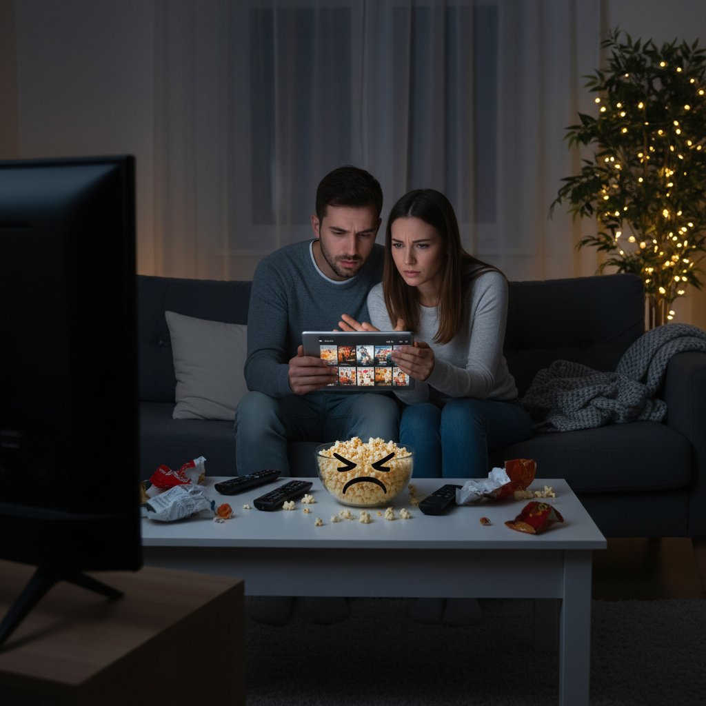 Couple scrolling endless movie options on TV, both frustrated, dark living room, popcorn untouched