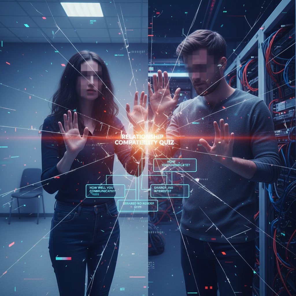 A couple separated by a digital screen filled with quiz questions, faces partially obscured by glitch effects, representing online relationship quizzes limitations