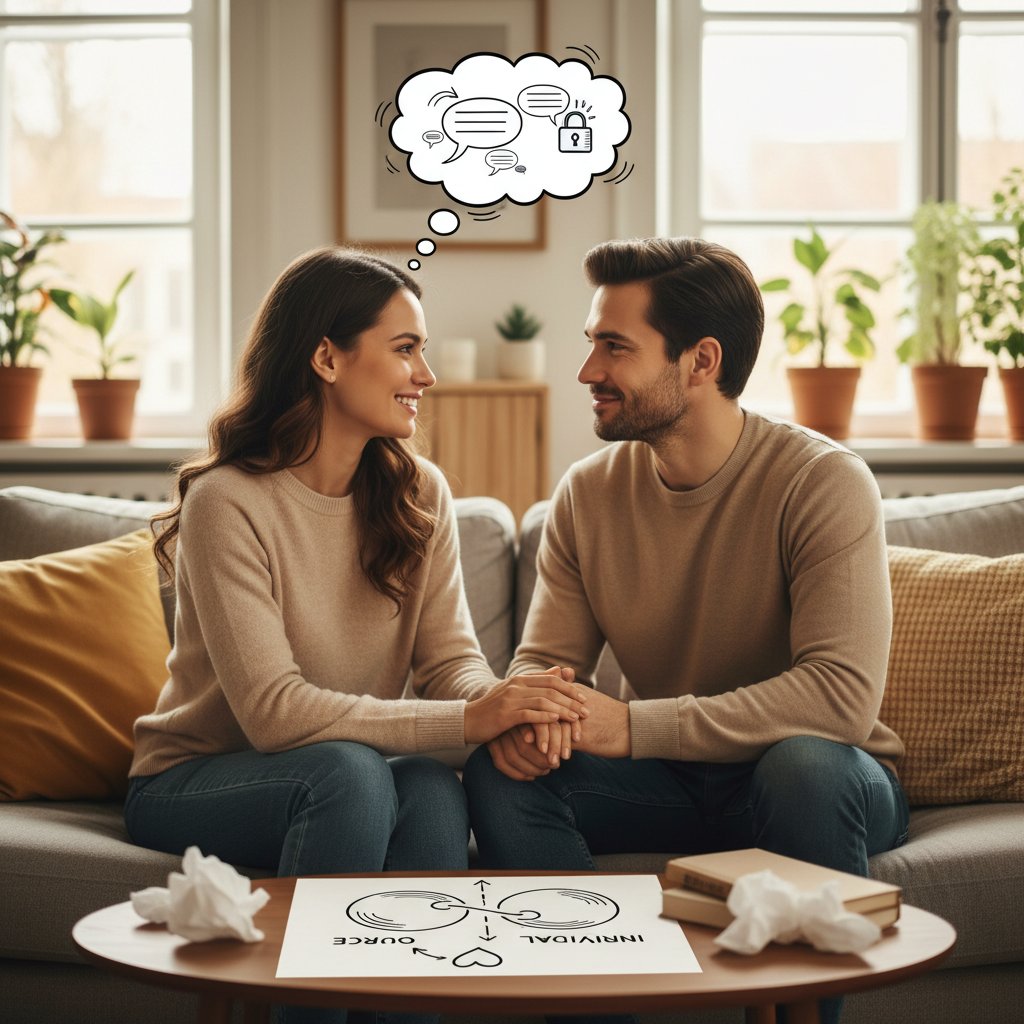 A couple finding relief as one partner sets a boundary, showing honest communication and mutual respect