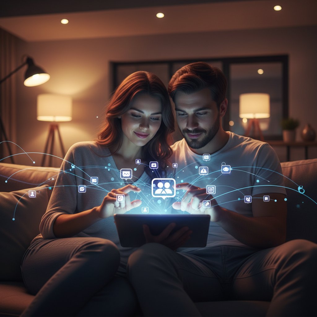 High-contrast, creative photo of a couple sharing a tablet, ambient lighting, digital icons floating around, symbolizing tech-mediated connection
