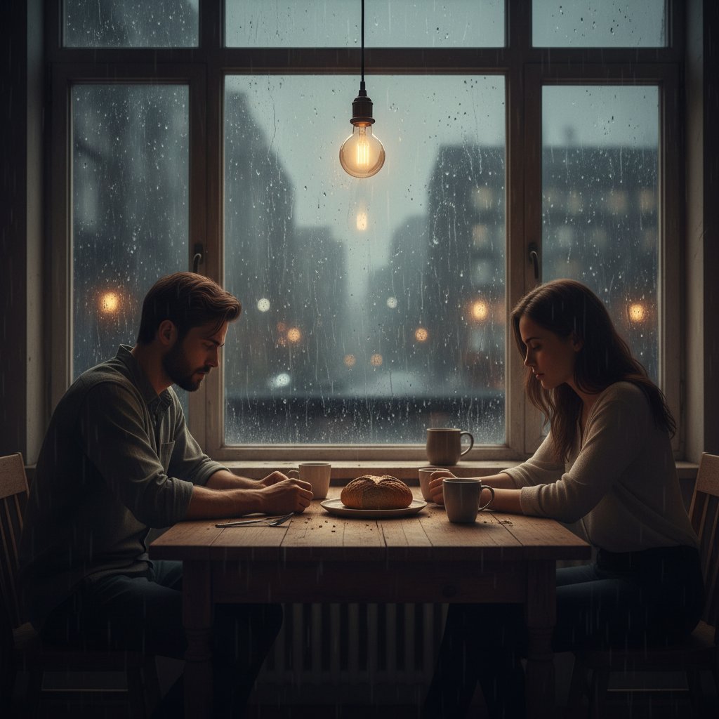 Para siedząca w ciszy przy stole kuchennym, psychoterapia dla par i kryzys emocjonalny