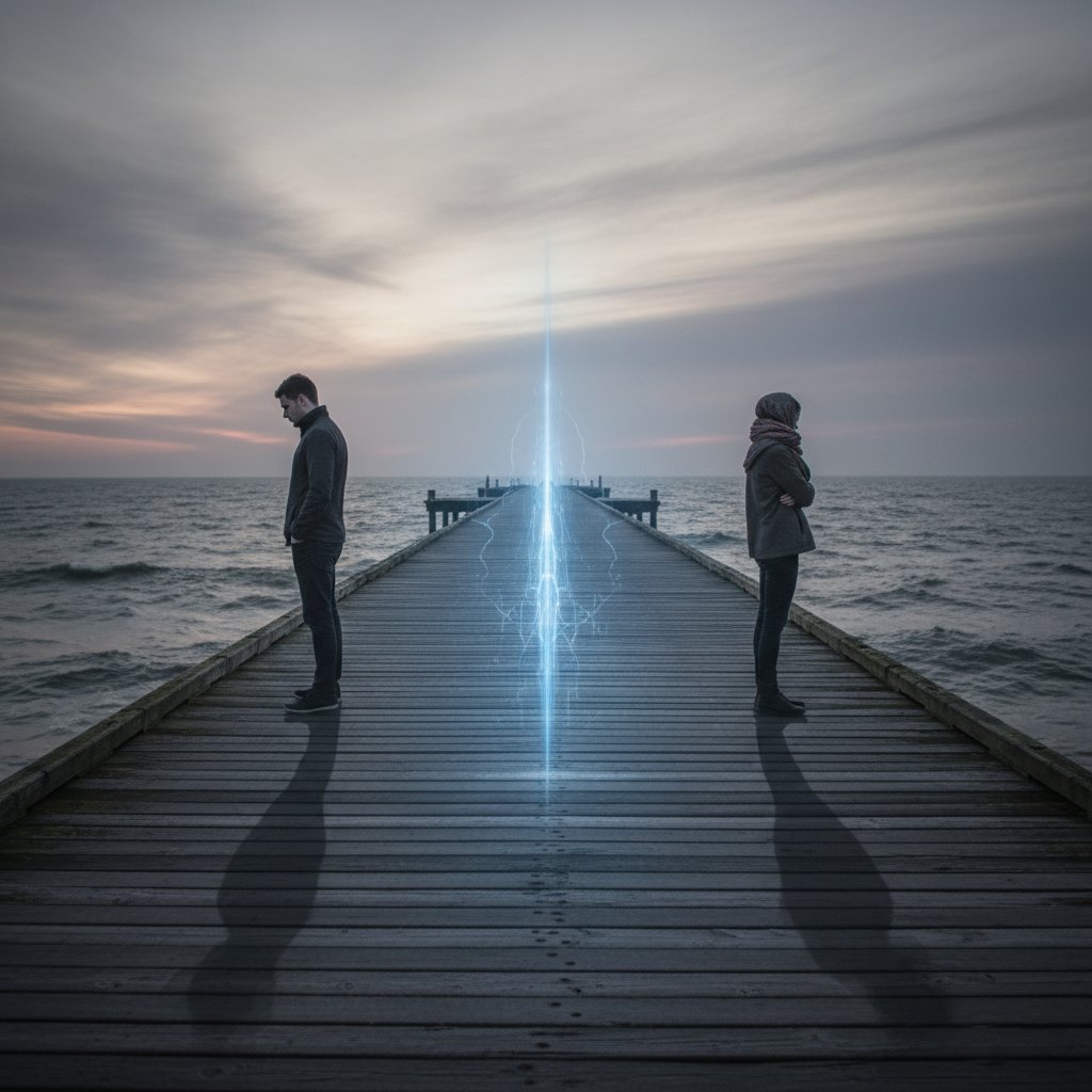 Para siedzi w milczeniu, wyraźnie oddalona emocjonalnie, symbolizując skutki rodzinnej toksyczności