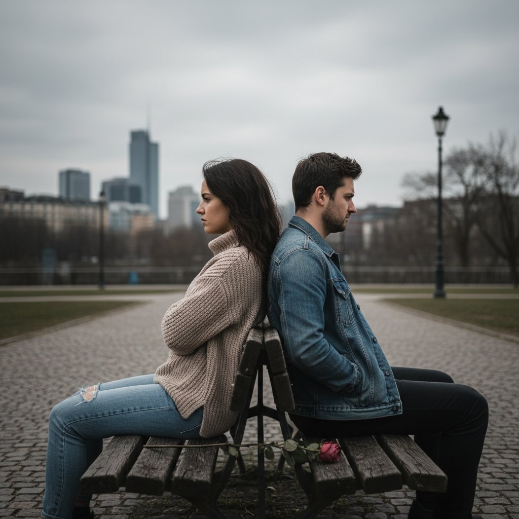 Para siedząca tyłem do siebie, pogrążona w milczeniu i zignorowaniu