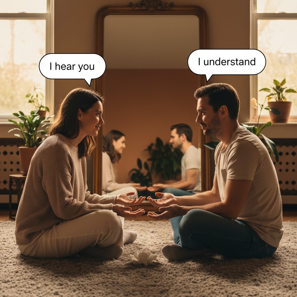 Exhausted couple sitting on floor, mirroring each other’s body language, engaged in instant conflict resolution