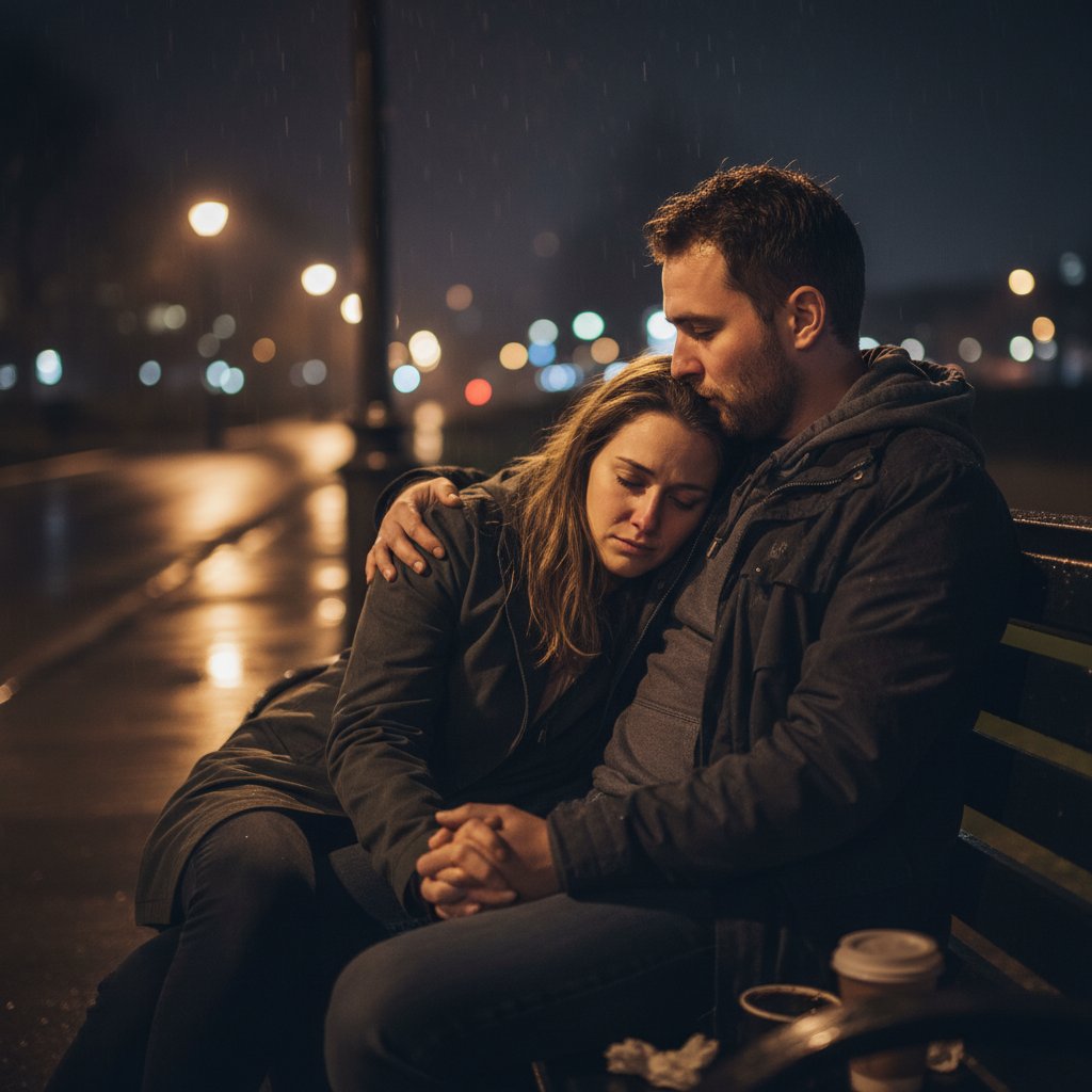 Couple sitting together after a late-night argument, emotional reconciliation