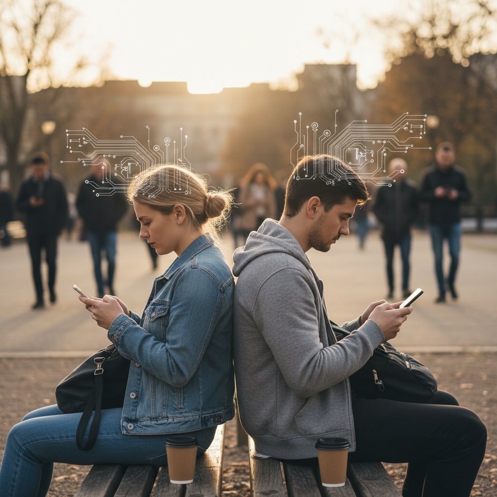 Para siedząca obok siebie z telefonami, brak kontaktu wzrokowego, relacje a technologia