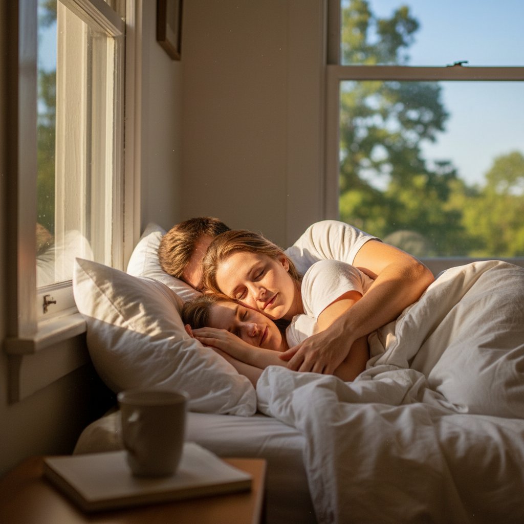 Para śpiąca spokojnie razem, miękkie światło poranka, symbolizujące wsparcie emocjonalne i lepszy sen