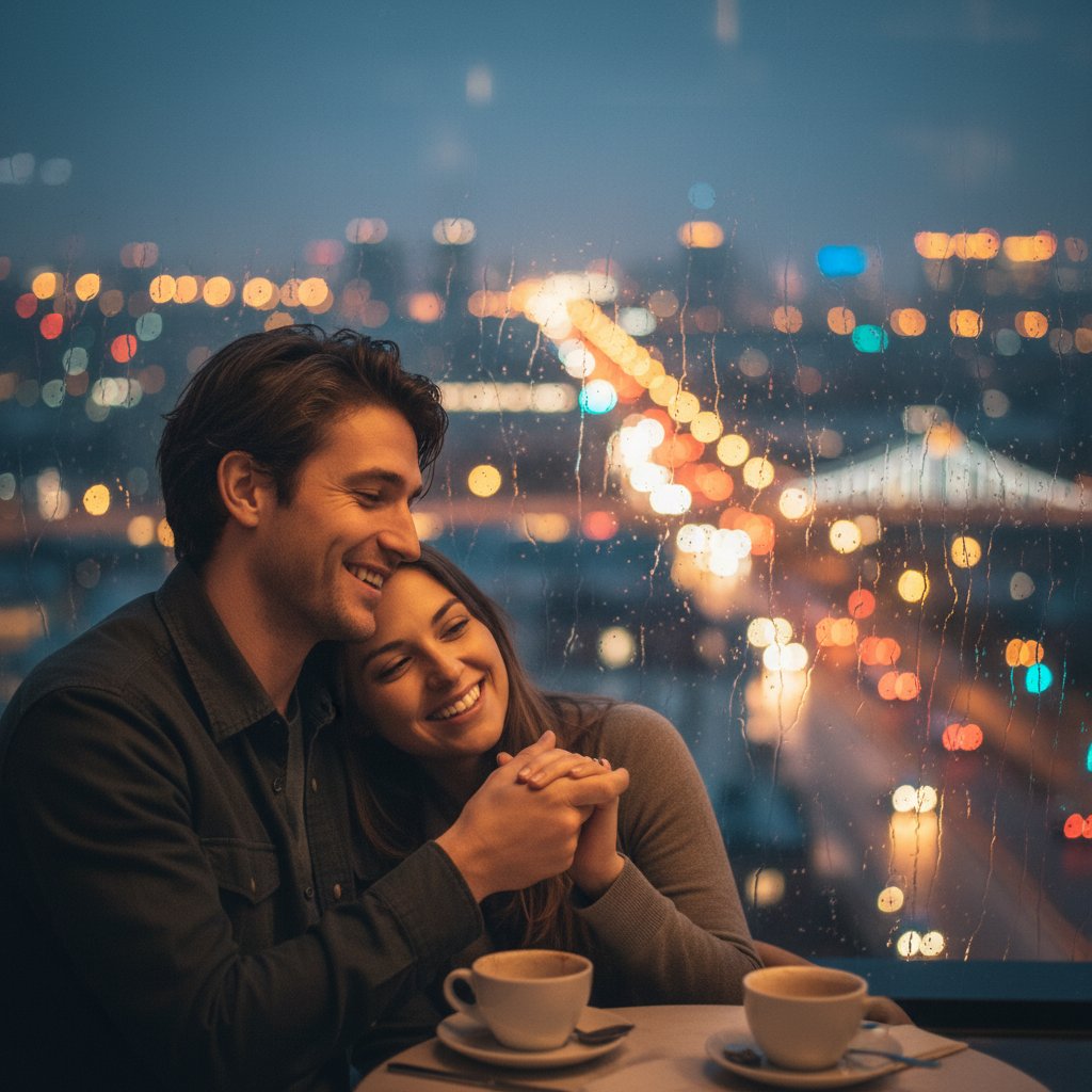 Couple softly smiling after argument, city lights at night, finding peace after conflict with instant relationship conflict resolution