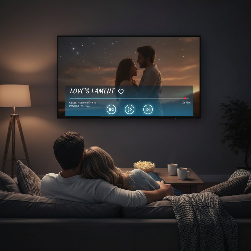 Couple choosing a romantic movie on TV interface, browsing streaming platforms together