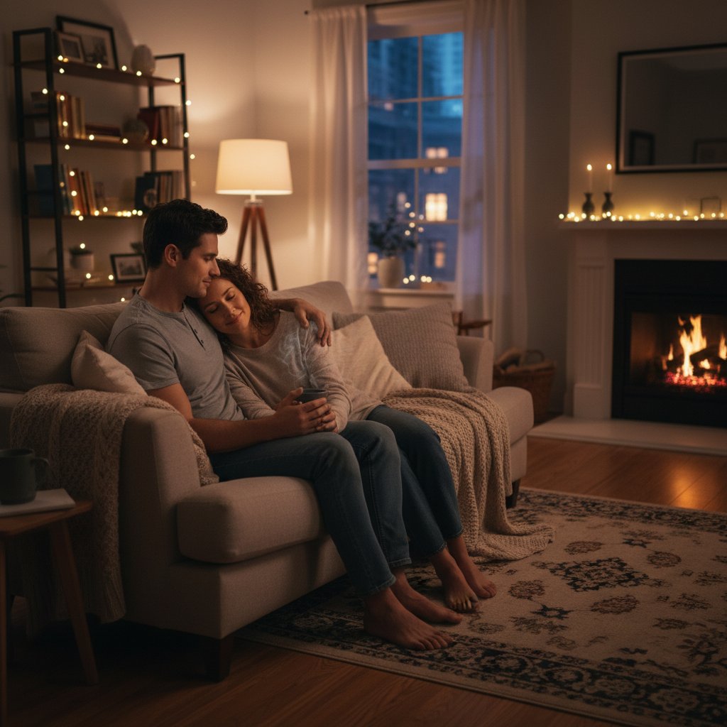 Rozmowa pary siedzącej na kanapie w ciepłym świetle, wyrażająca próbę zbliżenia i zrozumienia