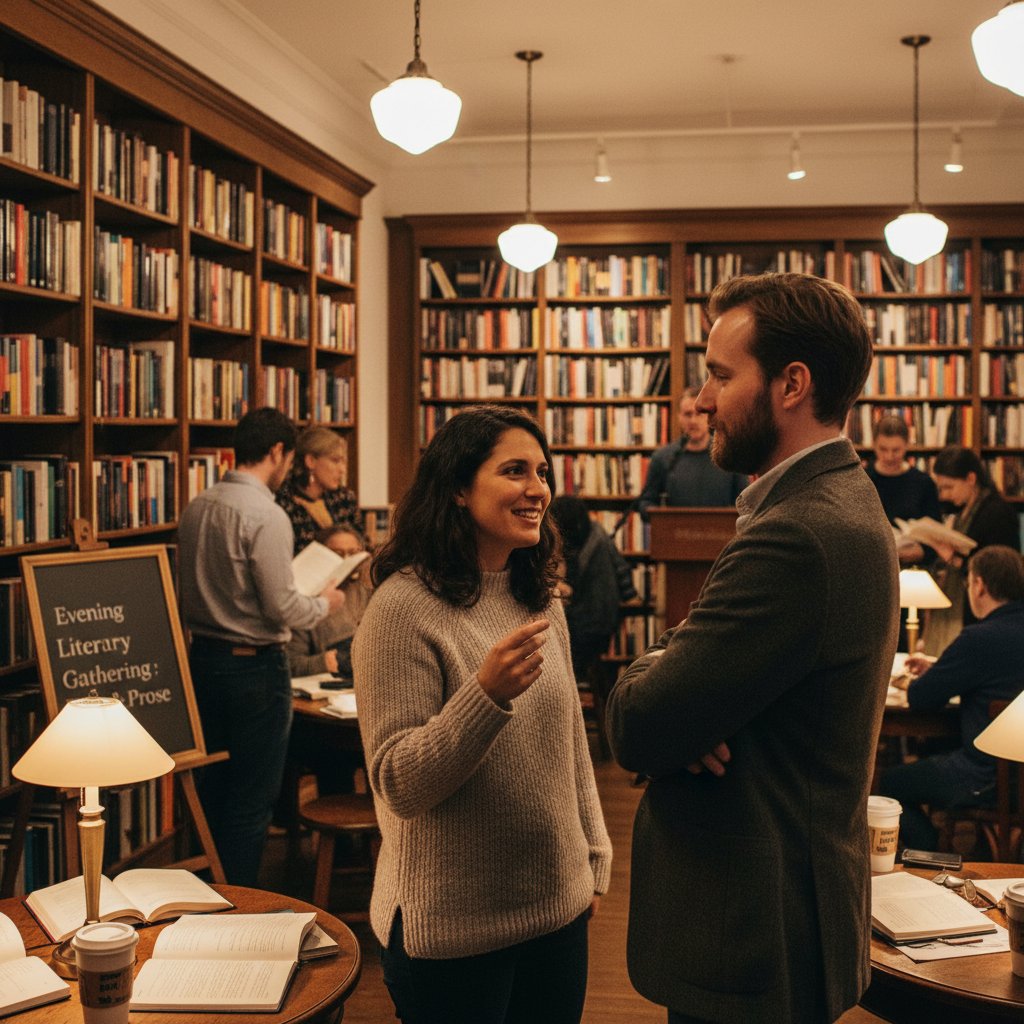 Para rozmawiająca w księgarni podczas wieczornego spotkania literackiego