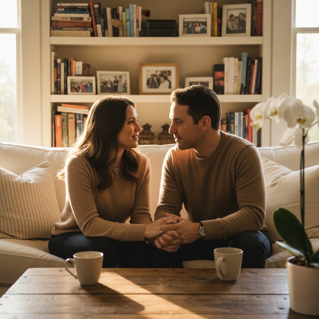 Zdjęcie pary rozmawiającej w zaciszu domowym, atmosfera szczerości i zaufania