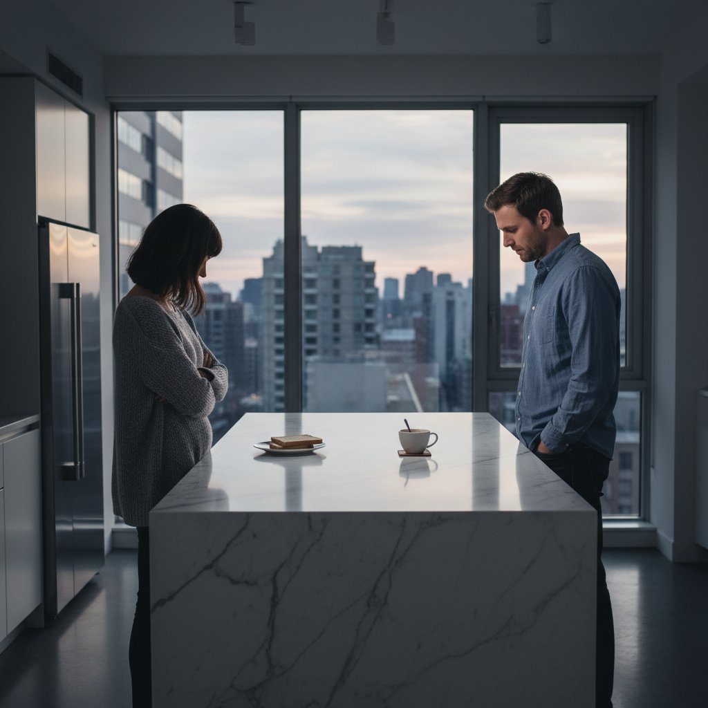 Para rozmawiająca w kuchni, z wyraźnym napięciem i dystansem emocjonalnym