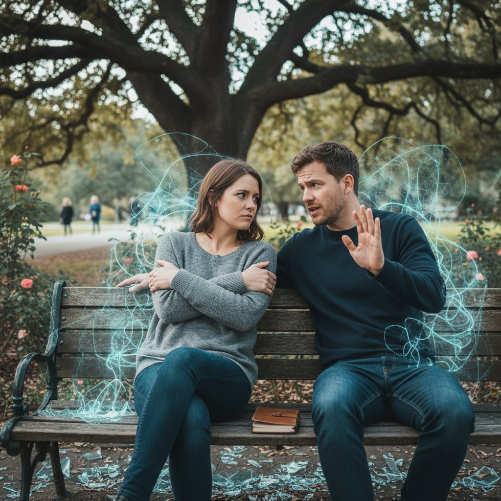 Para rozmawiająca na ławce w parku, otwarta rozmowa o mechanizmach obronnych