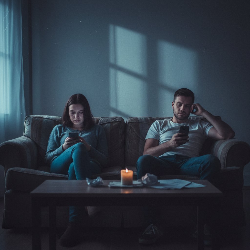 Para rozmawiająca przez telefon w ciemnym pokoju, widoczne oddalenie emocjonalne, światło ekranu odbijające się w oczach