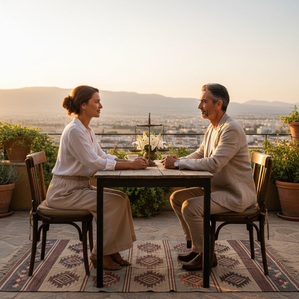 Para rozmawiająca spokojnie na tarasie, wzajemny szacunek i równowaga
