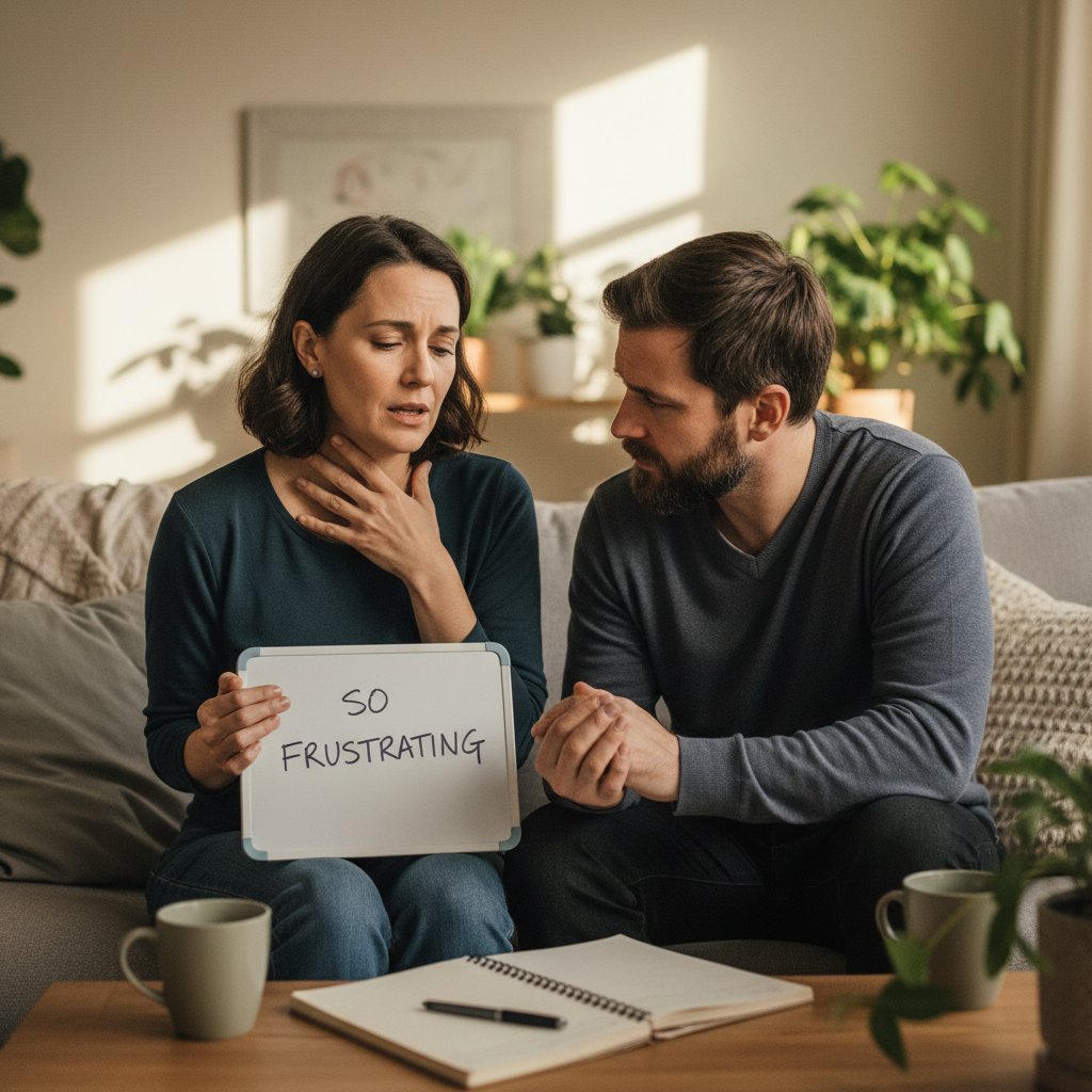 Para rozmawiająca w domu, jedna osoba wyraźnie ma trudność z mówieniem – emocjonalna scena zmiany relacji