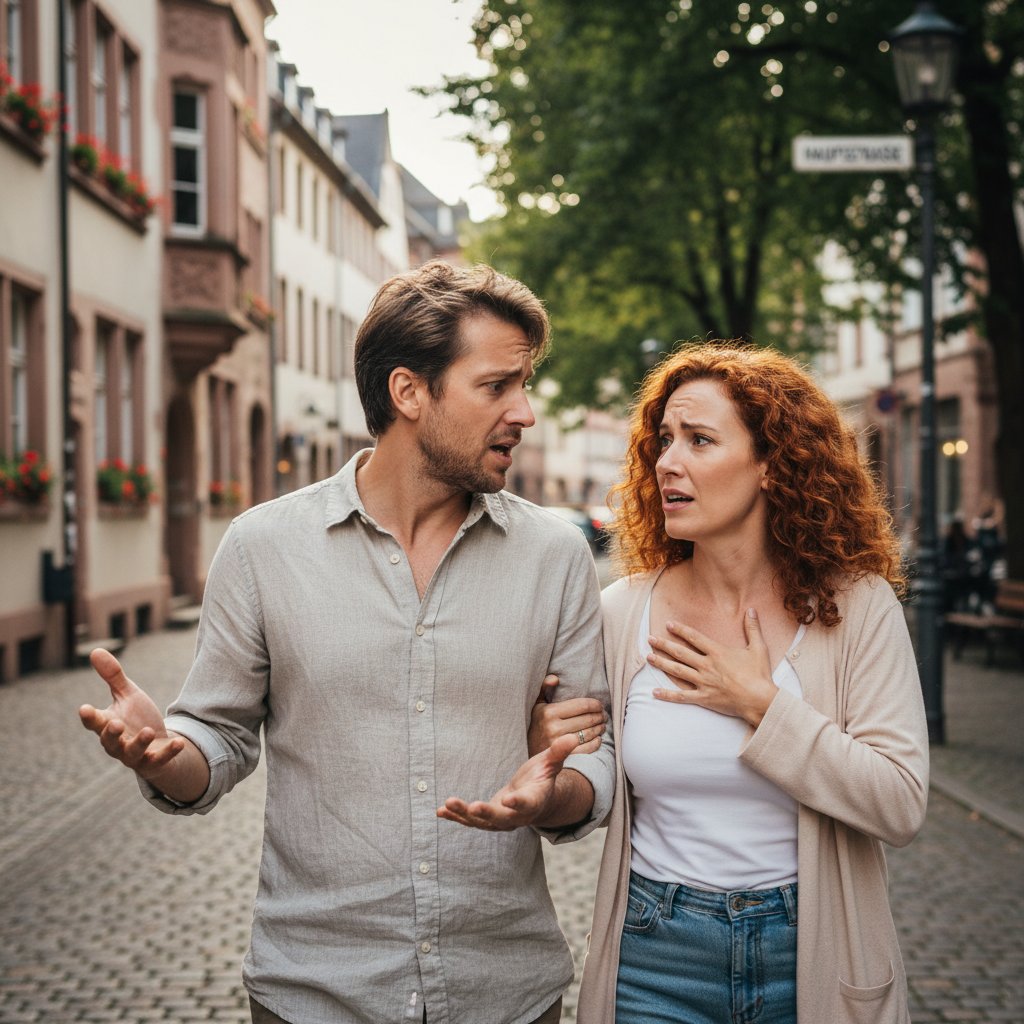 Para rozmawiająca po niemiecku podczas spaceru, wyraziste gesty, zaangażowanie emocjonalne