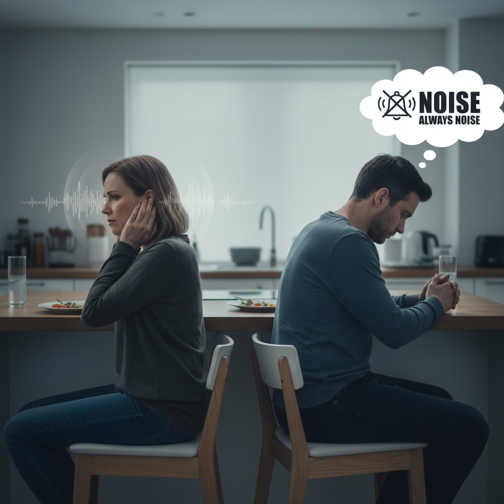 Para podczas rozmowy w kuchni, jedno z partnerów wydaje się zamyślone, dystans emocjonalny – ilustracja wpływu szumów usznych na relacje