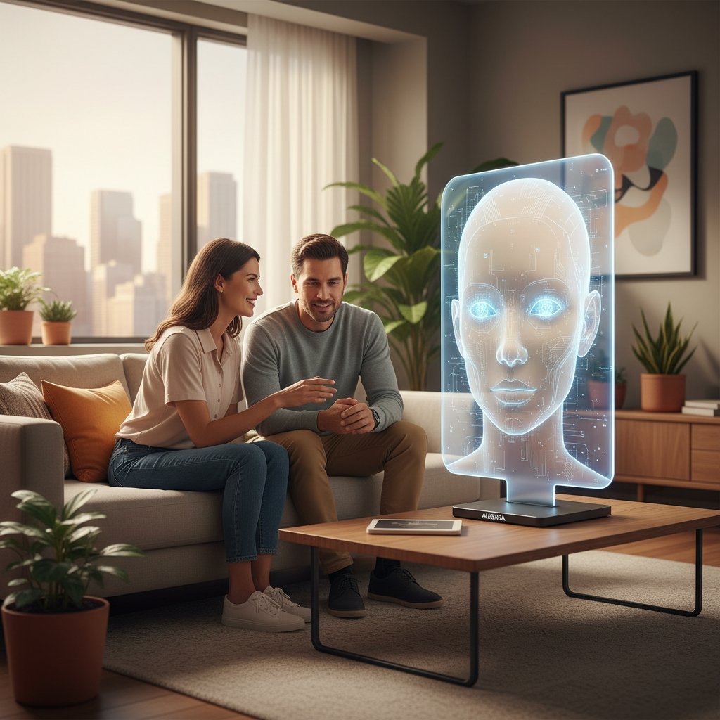 Para rozmawia z AI przy stole, ekran z awatarem AI, atmosfera domowa