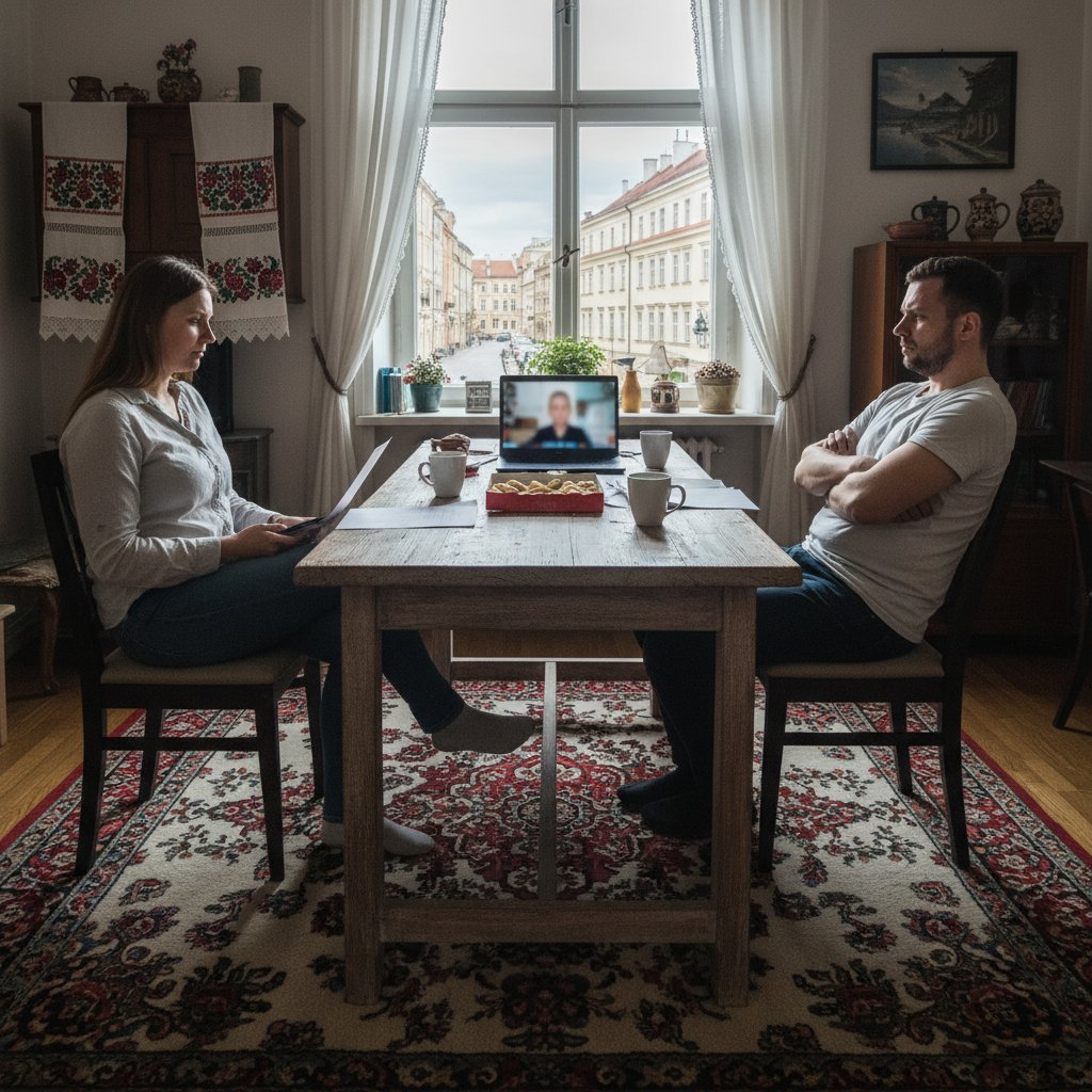 Para siedząca osobno w ciemnym mieszkaniu z laptopami, napięcie i dystans emocjonalny, terapia małżeńska online