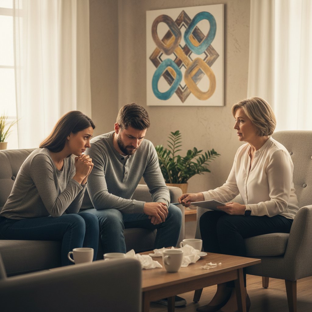 Para rozmawiająca z terapeutą po zdradzie, napięcie i nadzieja