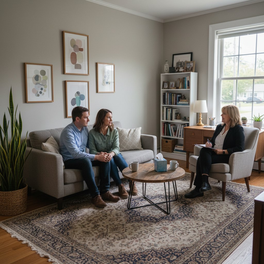 Para na pierwszej sesji u terapeuty, niepewność i nadzieja w powietrzu